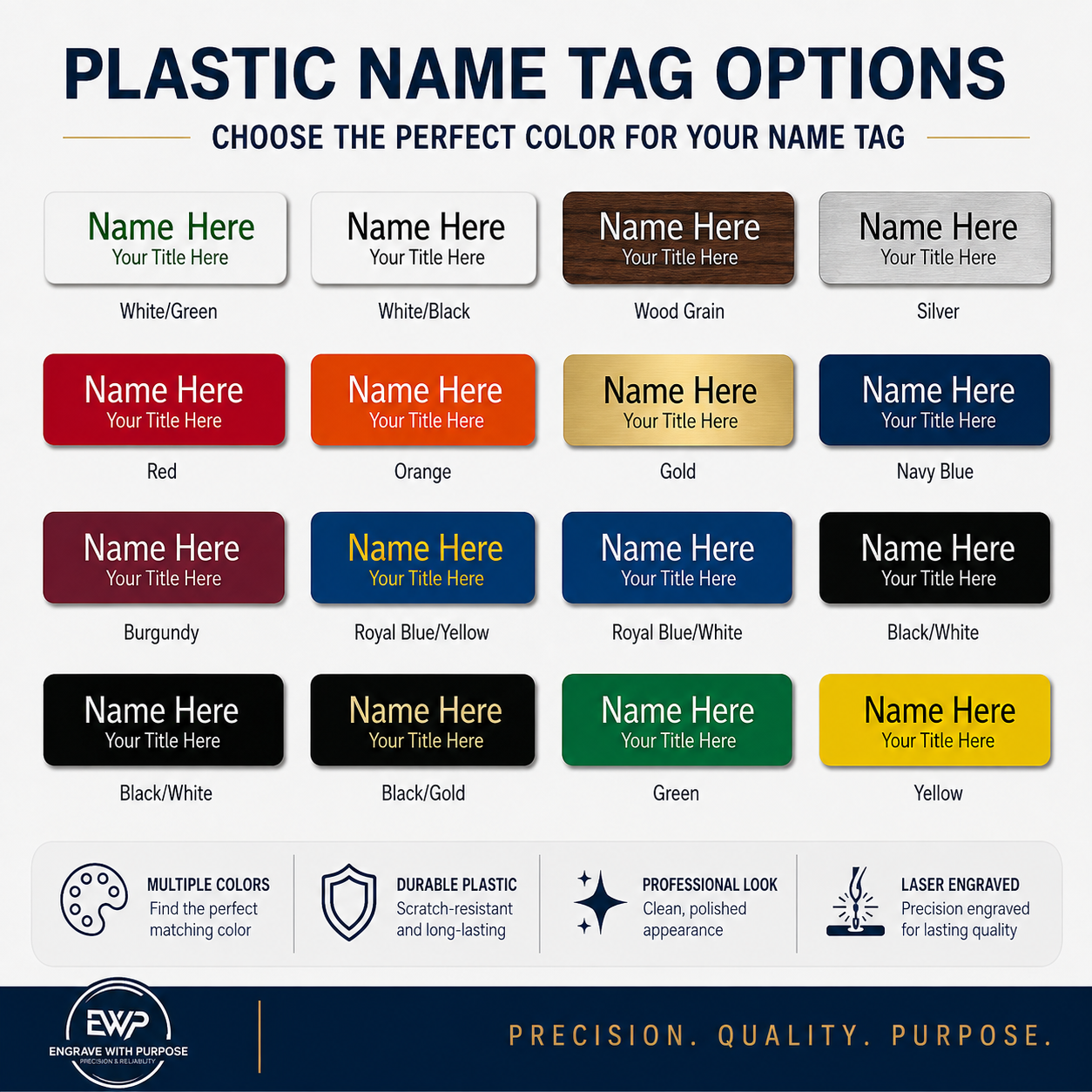 A color options chart for plastic name tags