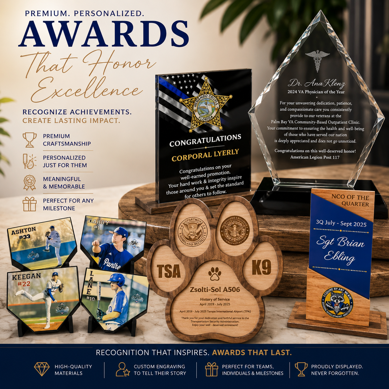 Collection of personalized awards on a wooden surface with text highlighting features.