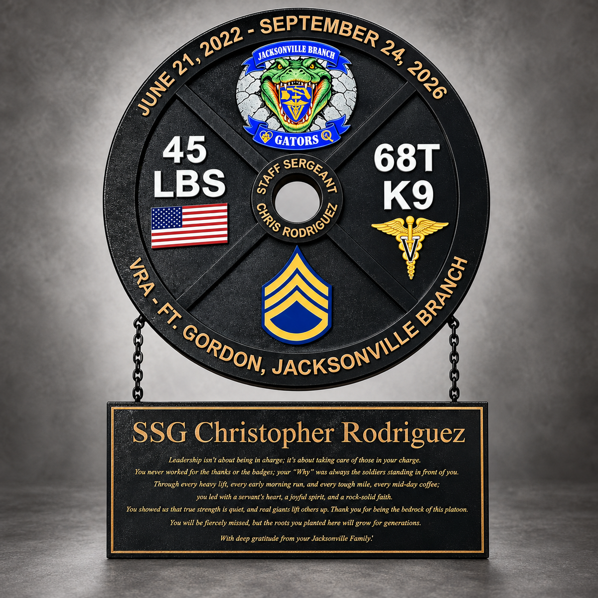 Custom 45 pound weight military plaque