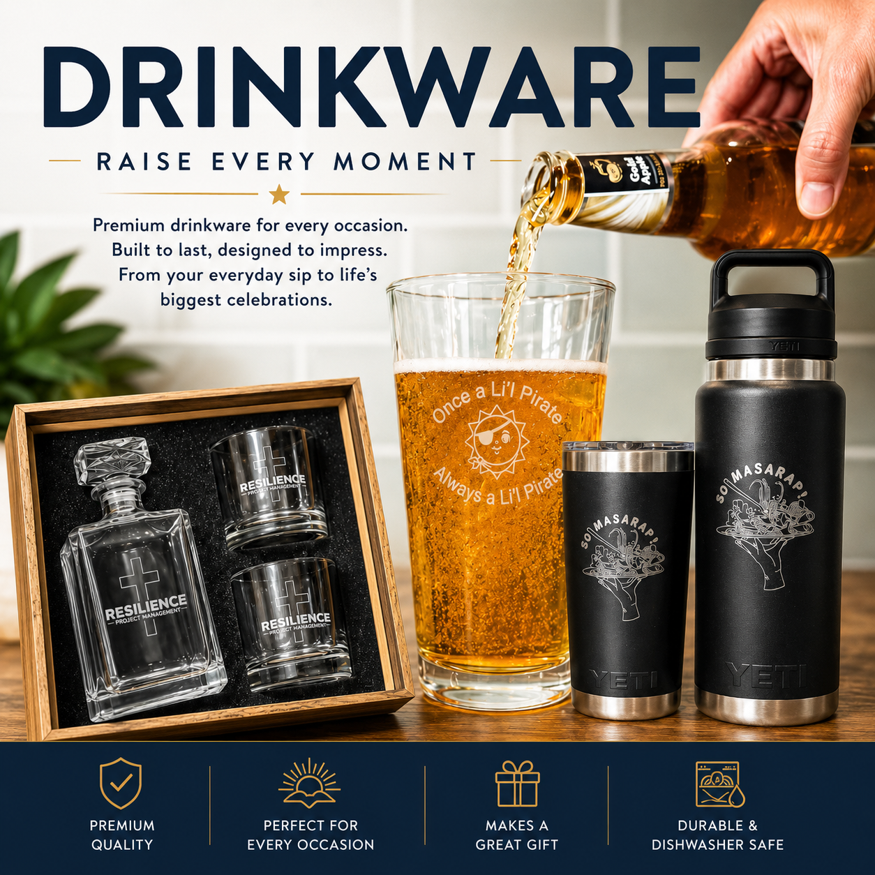 Drinkware products including glasses, bottles, and tumblers with branding and pouring action.