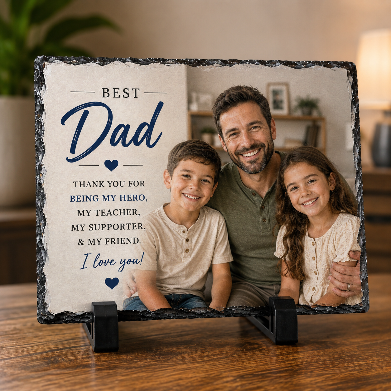 Personalized photo plaque with a father and two children, featuring a heartfelt message.