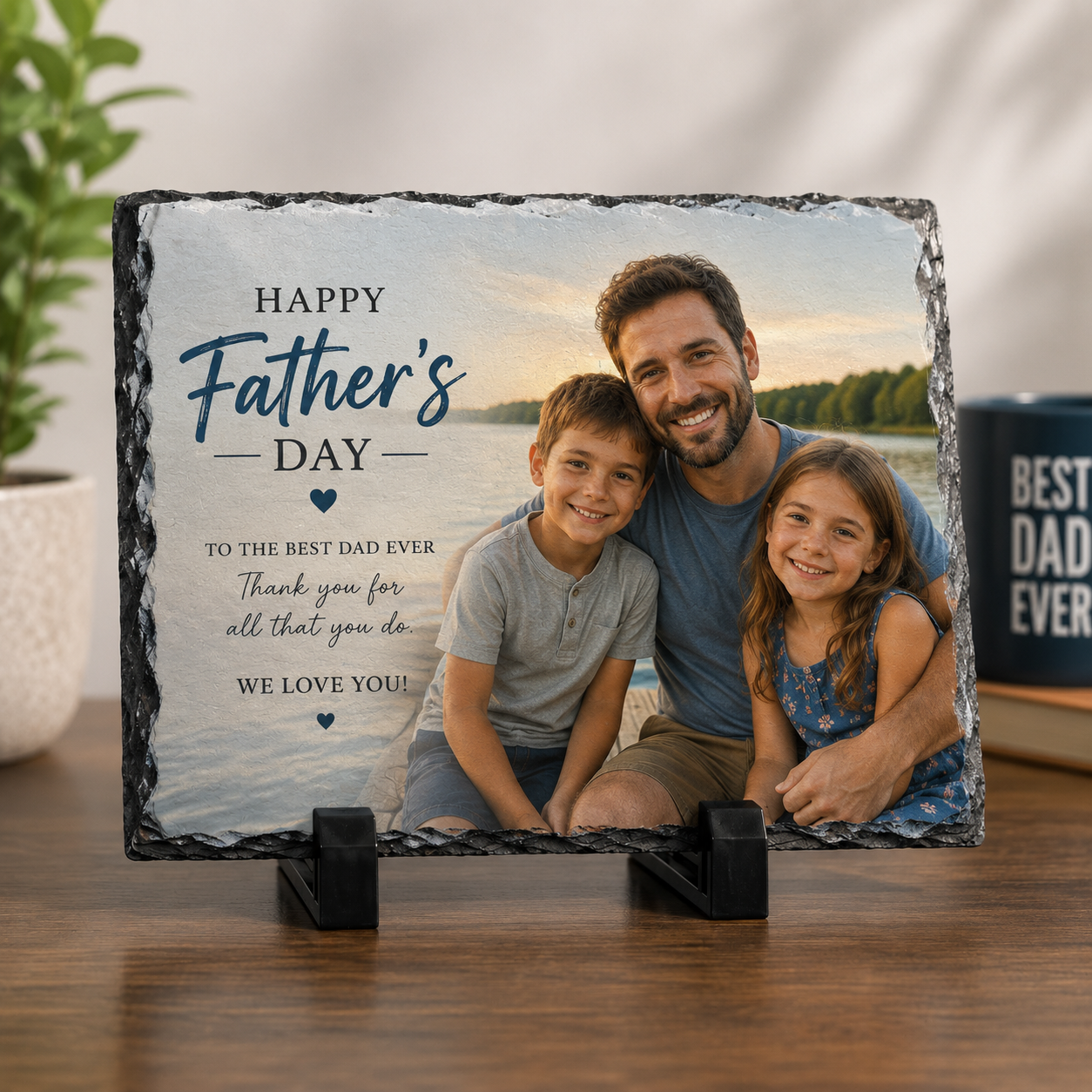 Personalized Father's Day slate with a photo of a family by a lake and engraved message.