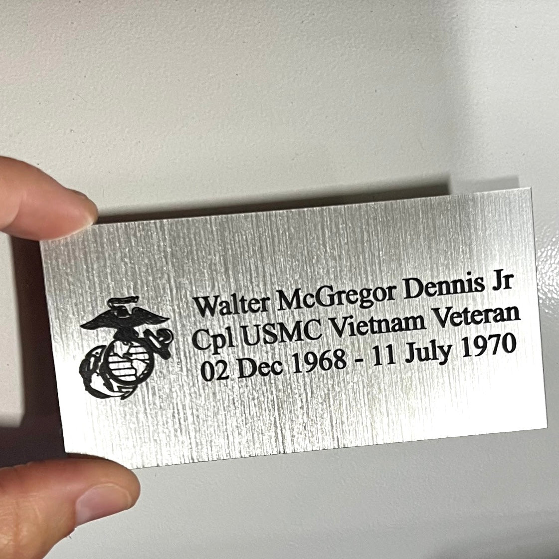 Silver to black laser engraved name plate