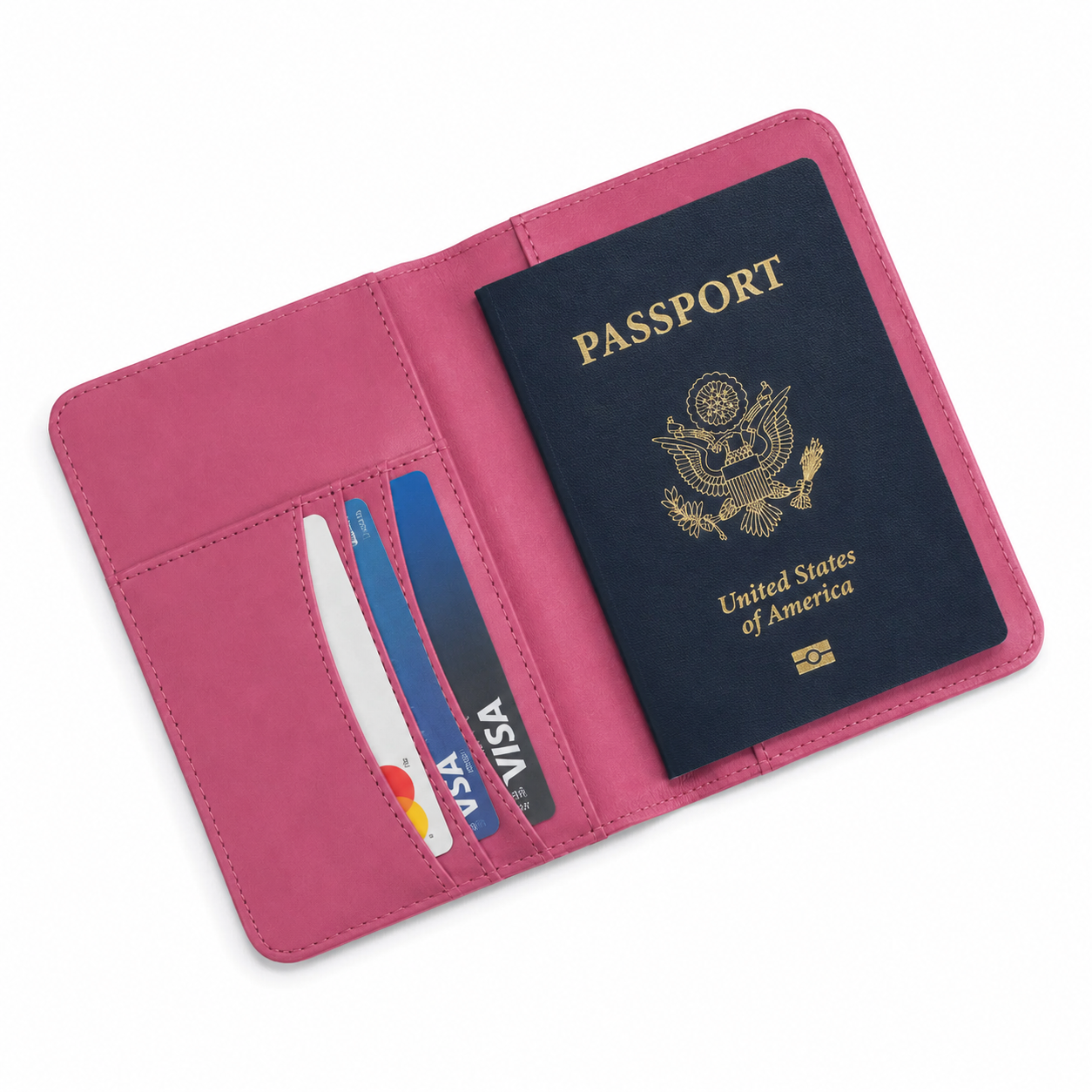 A pink faux-leather passport holder shown open