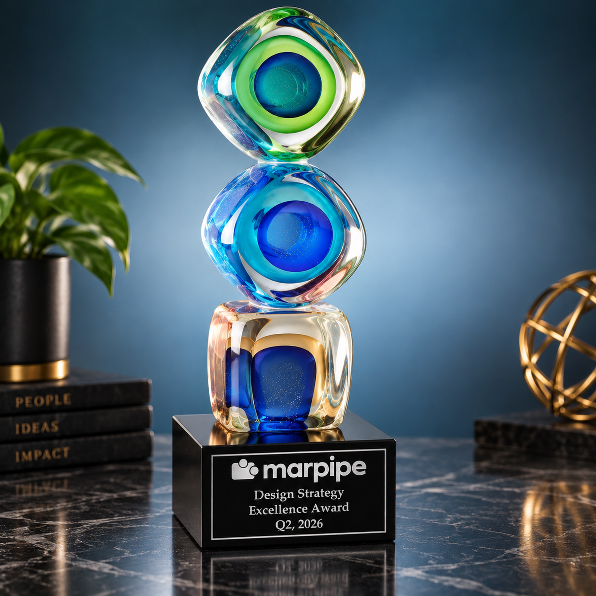 A stacked glass award trophy with three colorful circular glass spheres on a black rectangular base.