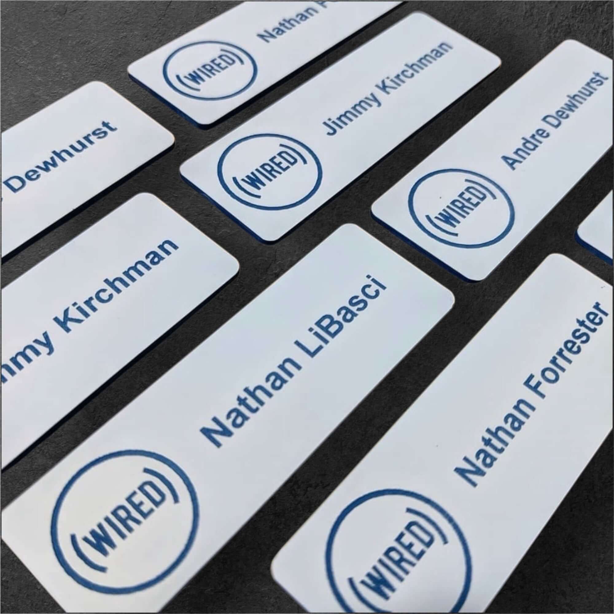 White to blue acrylic name tags