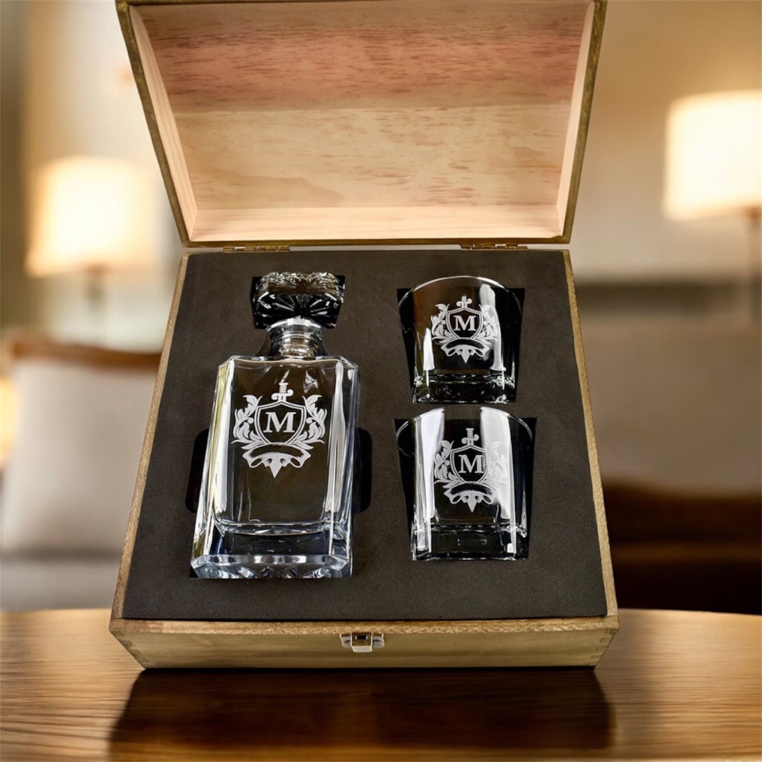2pc decanter and glasses set in a wooden box