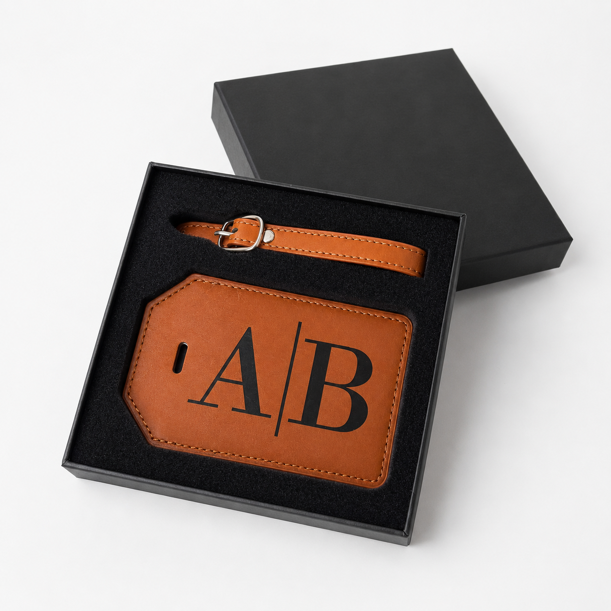 A personalized brown leather luggage tag 