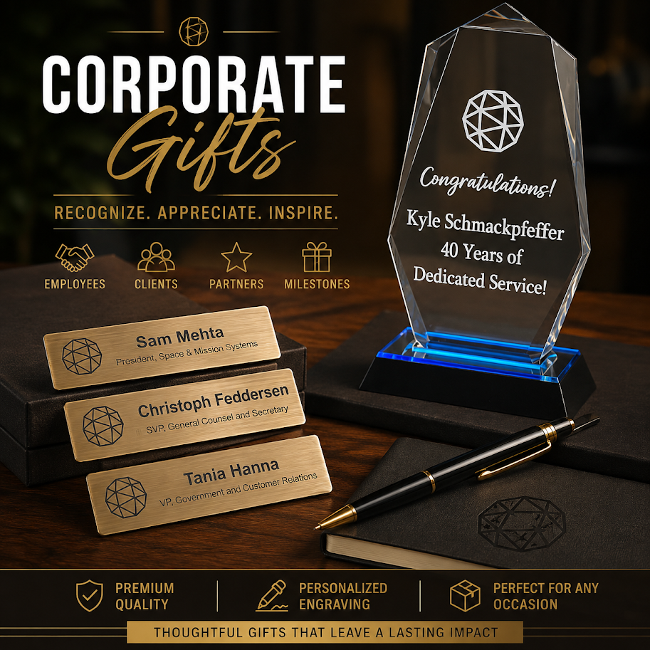 Collection of personalized corporate gifts including nameplates and an engraved crystal award on a dark surface.