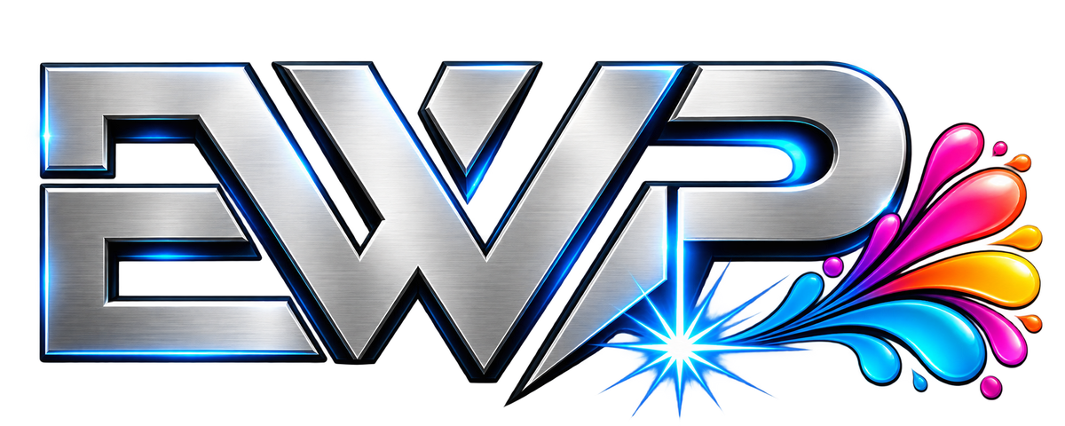 A stylized metallic 'EWP' logo with a brushed silver finish and glowing blue edges, accompanied by colorful paint splashes in pink, orange, yellow, and blue on the right side.