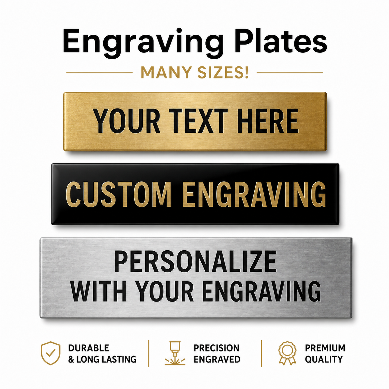 Custom metal engraving plates in gold, black, and brushed silver finishes.