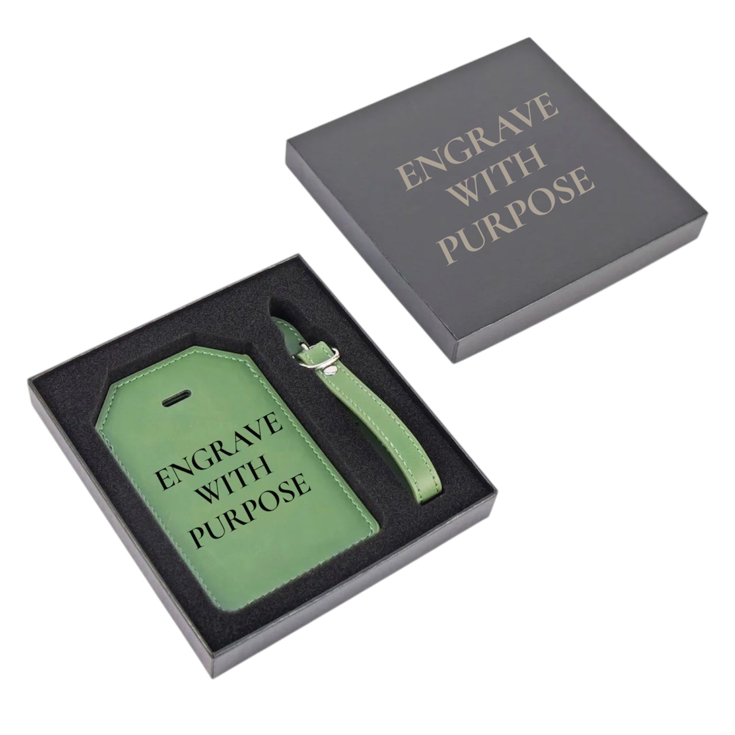 Green engraved tag in a box with 'Engrave with Purpose' text.