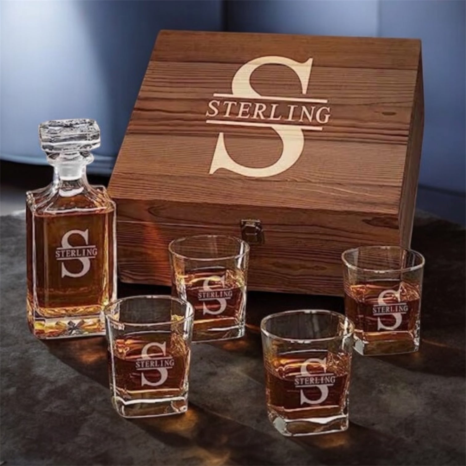 Four piece whiskey decanter and wooden gift box