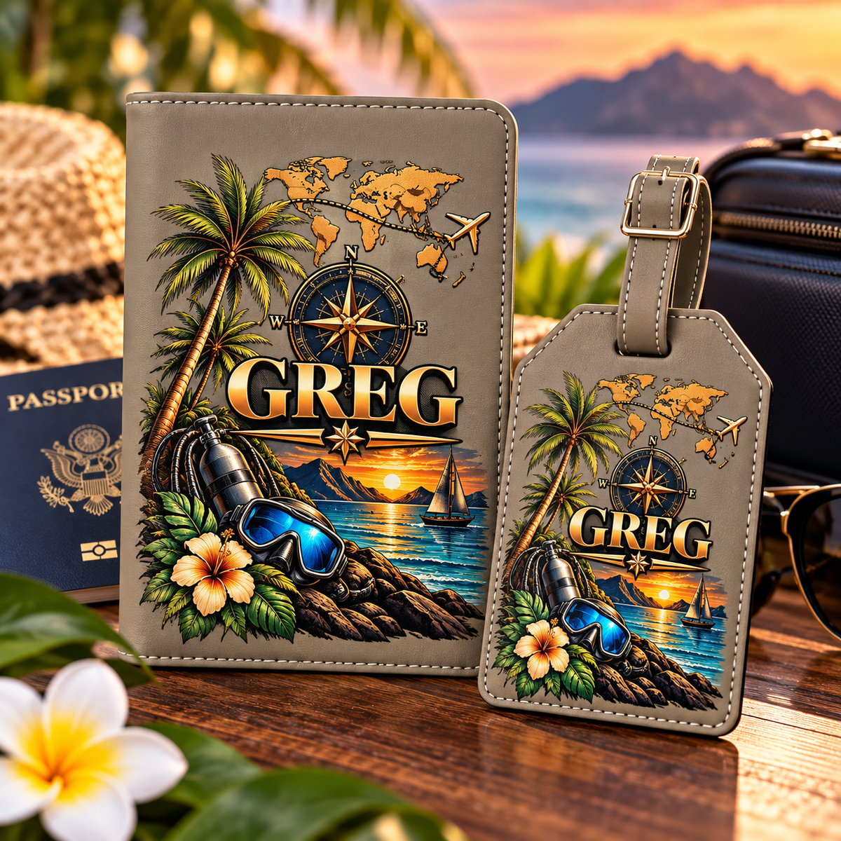 Full color gray passport and matching luggage tag gift set