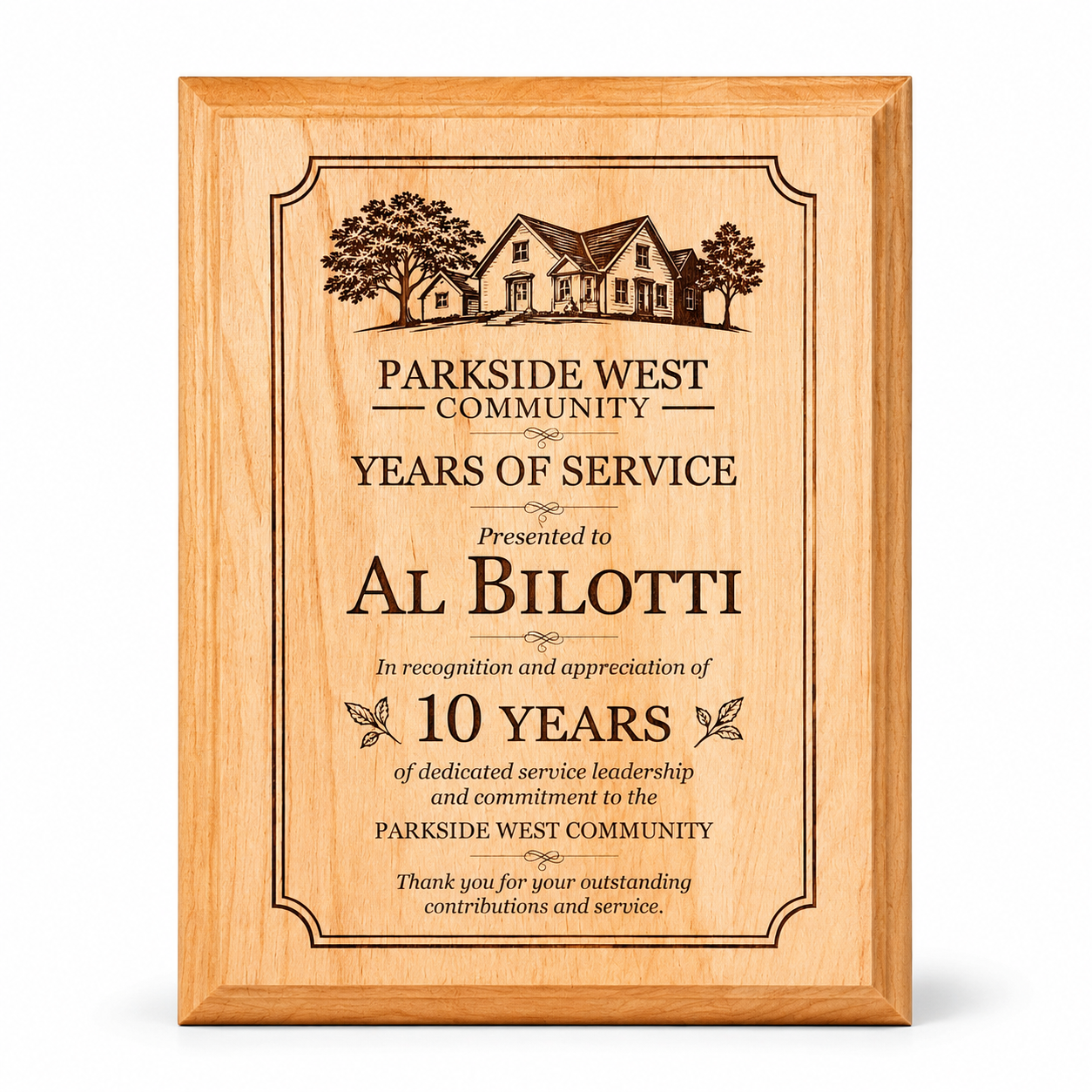 Laser engraved years of service wood plaque 