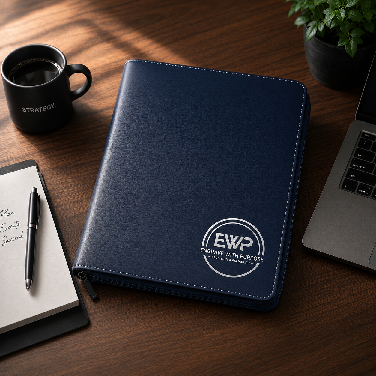Custom logo Laser engraved navy portfolio 