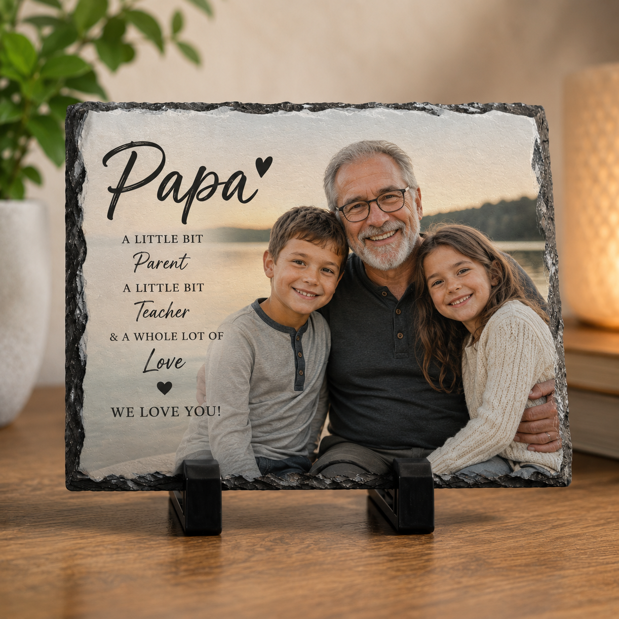 Personalized slate plaque with a photo of a man and two children, featuring the word 'Papa' and text.