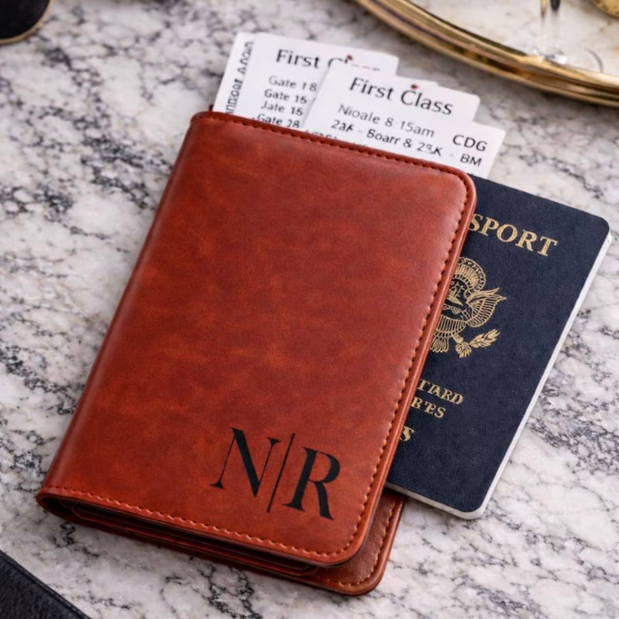 Personalized Brown leather passport holder.