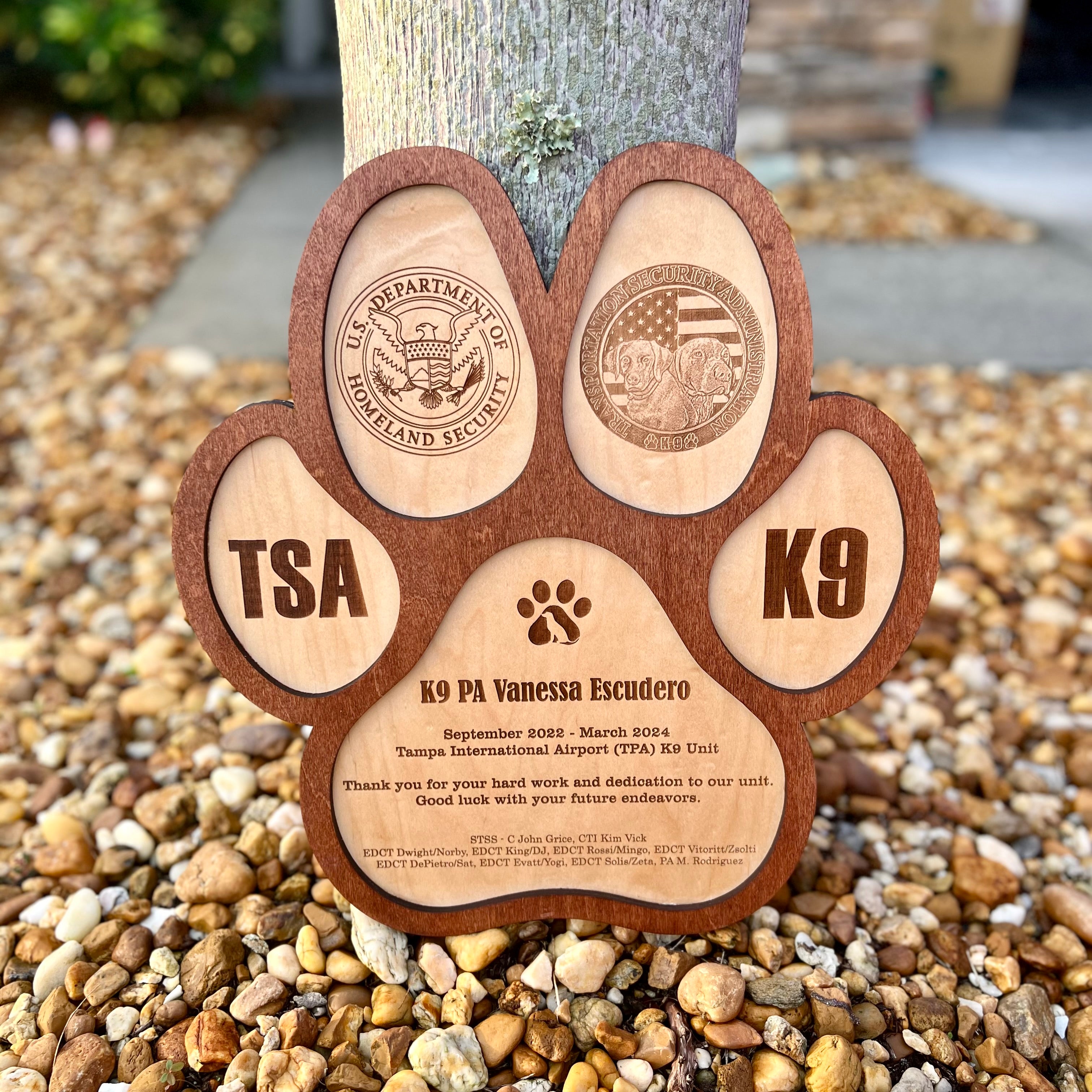 Personalized EOD TSA K9 paw plaque 