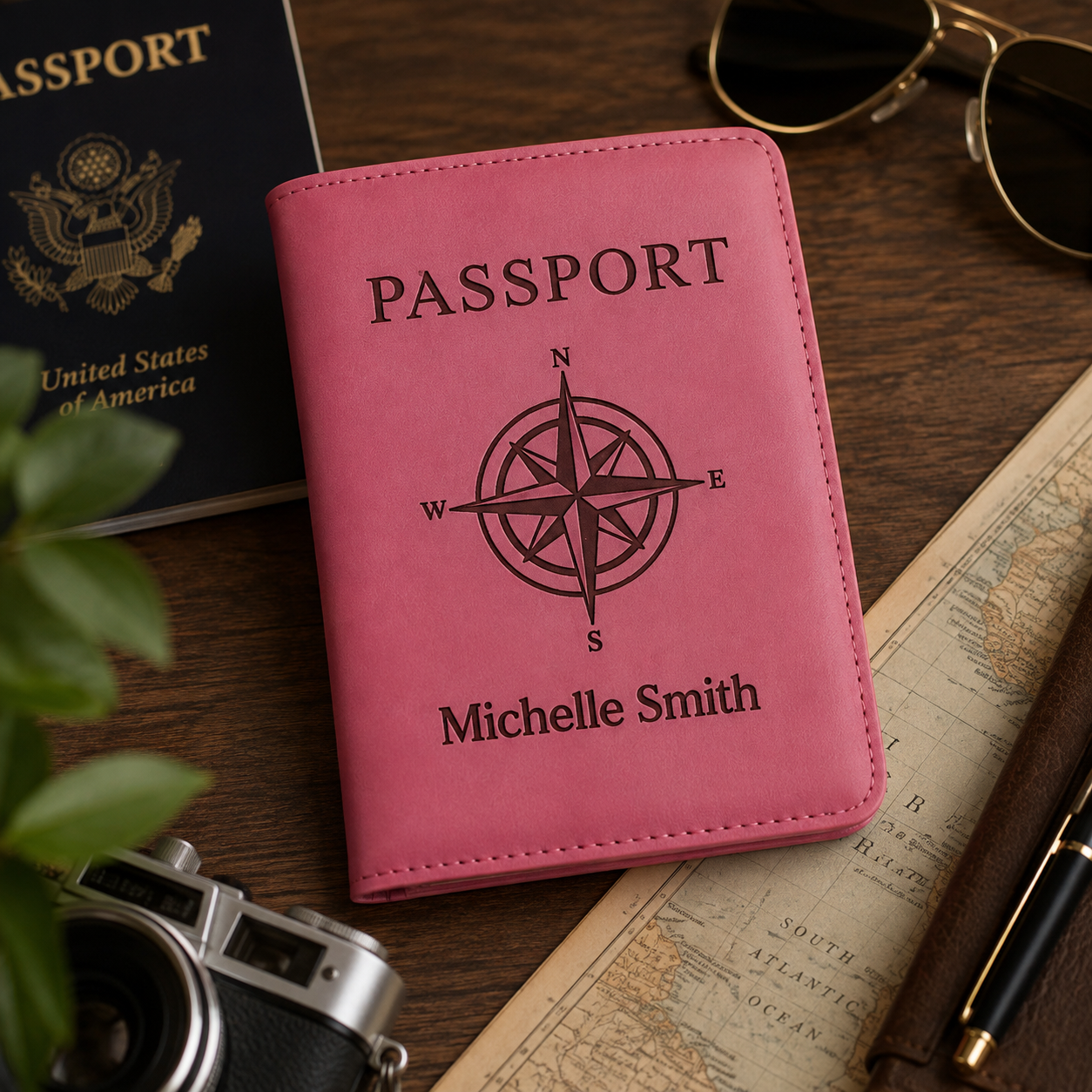 Personalized pink leather passport holder