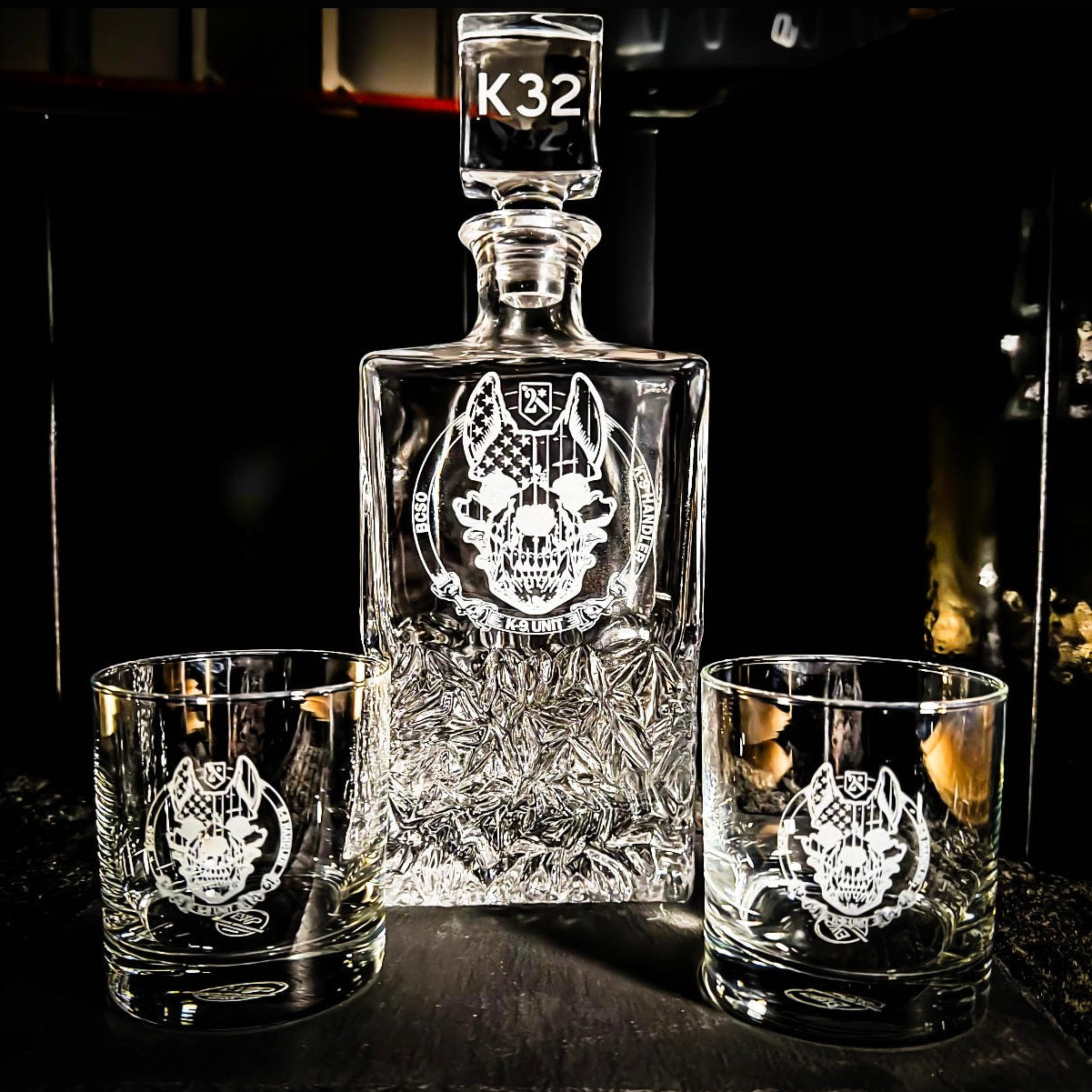 Police k9 engraved glass whiskey decanter with stopper set.