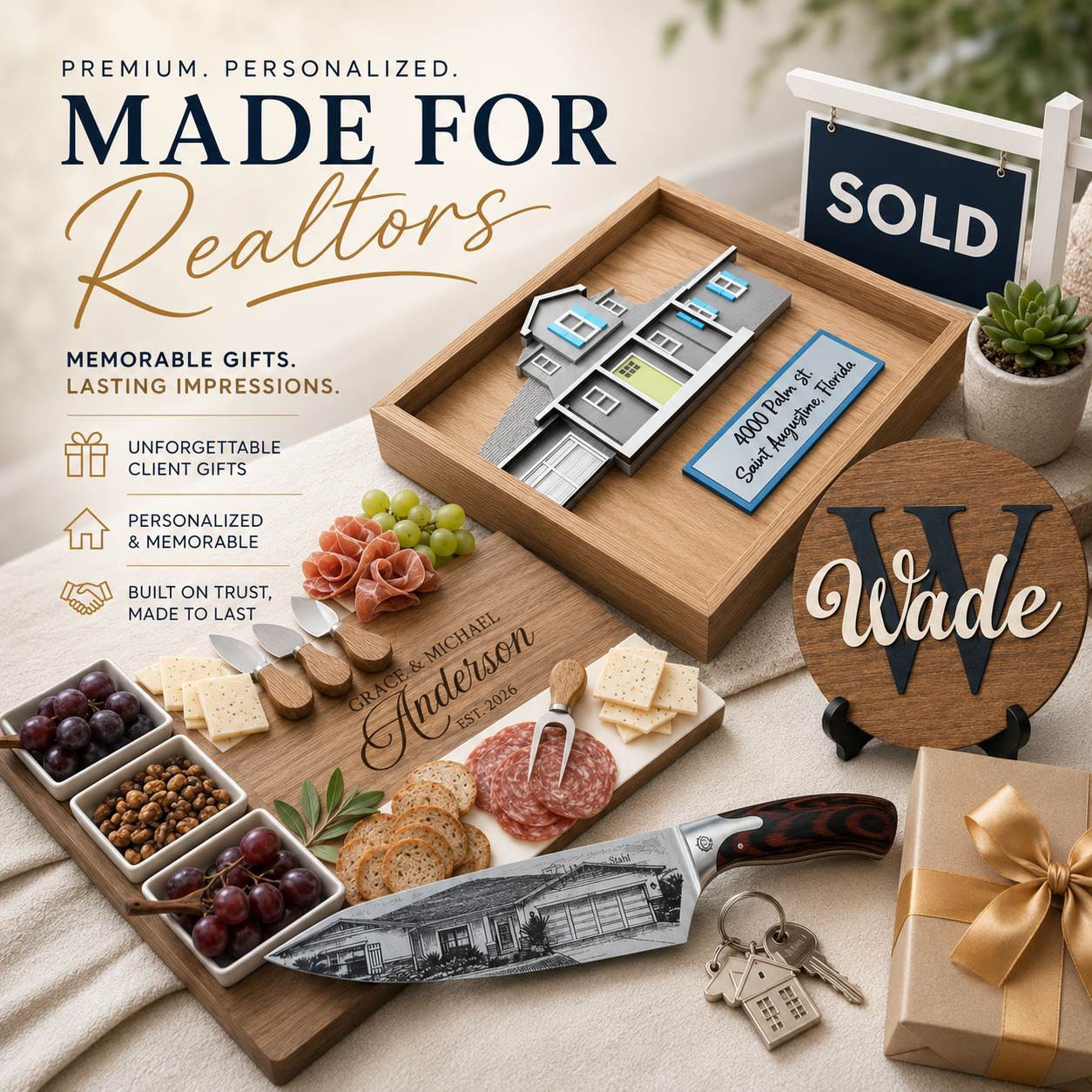 Gifts for Realtors including a wooden tray with a house model, a knife, and personalized items on a neutral background.