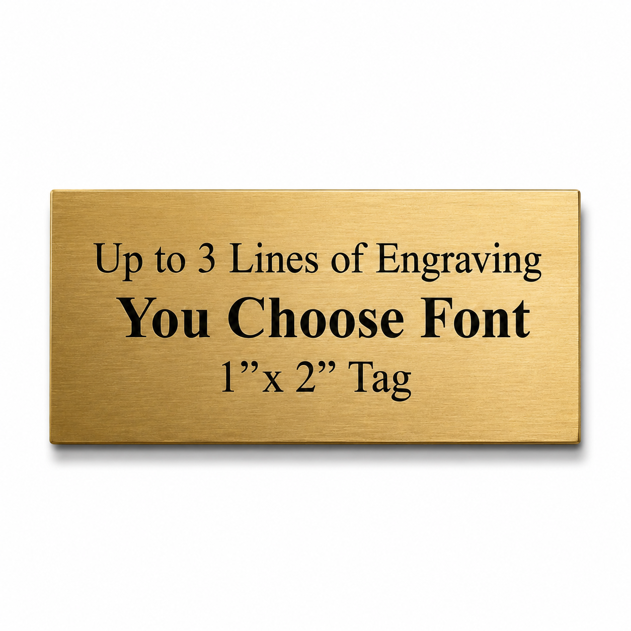 A rectangular brushed gold metal plaque plate with black engraved text 