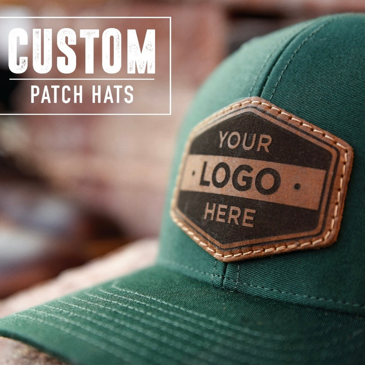 Green cap with a customizable leather patch on a blurred background