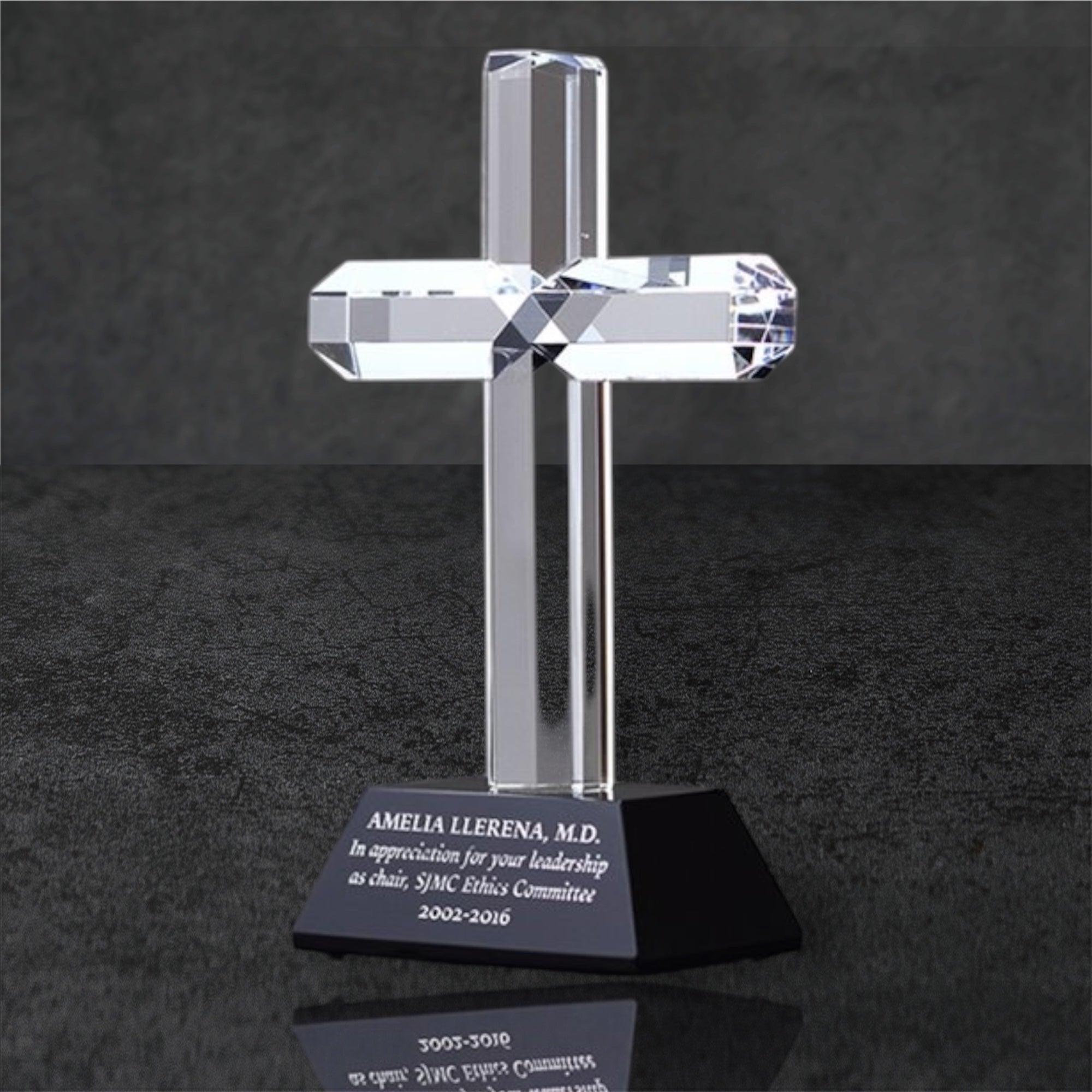 personalized crystal cross on black base 