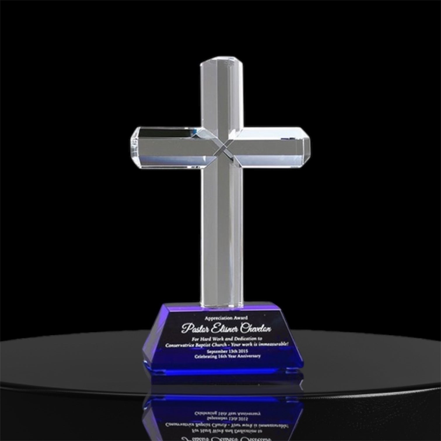 personalized crystal cross on blue base 