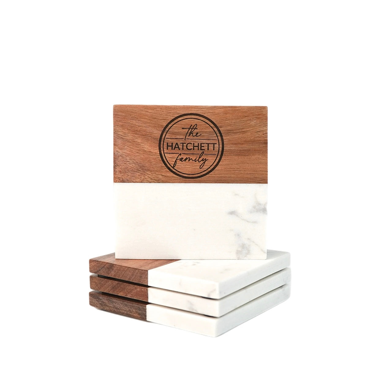 personalized marble and wood coaster set